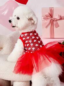 PETSIN 1件宠物通用情人节红色爱心亮片网纱拼接奢华公主裙 - 彩色 - 查看 2