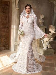 Aureia 大码优雅奢华刺绣弹力蕾丝透视喇叭袖鱼尾连衣裙，适合婚礼、派对、度假、新娘礼服等场合。 - 白色 - 查看 7