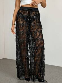SHEIN Tall Sheer Sequin Embellished Wide Leg Pants With Elastic Drawstring Waist Party Festival Evening Wear Special Occasion Fringe Detailing Fringe Wide Leg Pants Tassel Pants Sequin Pants Fringe Pants See Through Pants - Black - View 8