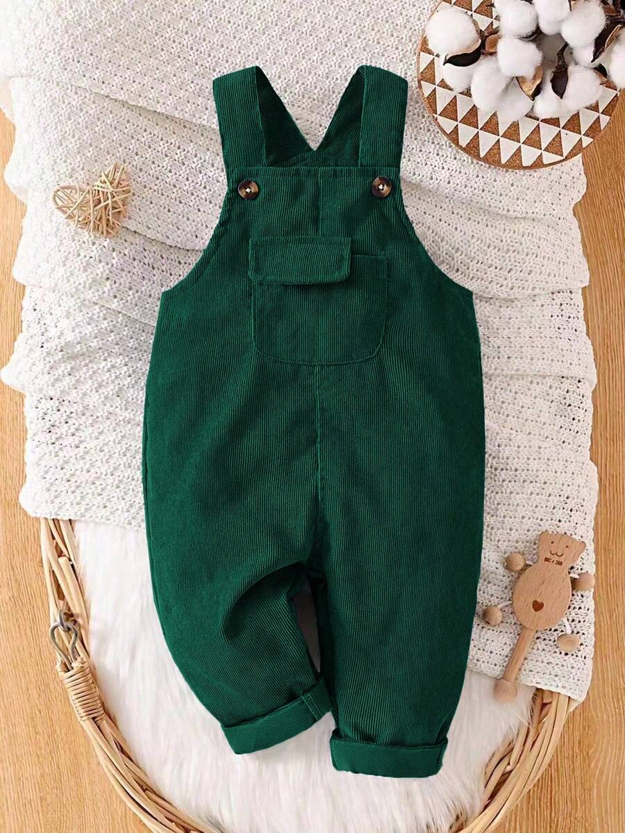 SHEIN Vintaside Kids Young Boys Black Corduroy Suspender Pants, Loose Cargo Style Vintage Pocket Overalls, Boys Casual Versatile Trousers For Multiple Seasons