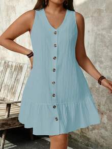 SHEIN PETITE Plus Size Women Sleeveless V-Neck Textured Fabric Dress - Baby Blue - View 5