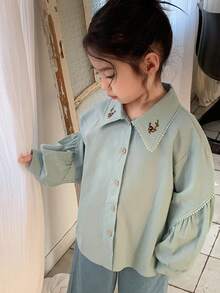 DAZY 少女花卉刺绣长袖单排扣休闲宽松衬衫 春季 - 綠色 - 查看 4