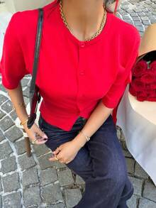 SHEIN EZwear 女士红色圆领单排扣休闲百搭短袖开衫，适合外出、街头风、Y2K风格、情人节、春季穿着。 - 紅色 - 查看 3