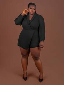 CurvyTilda 大码女式纯色披肩领灯笼袖不对称下摆优雅连体裤