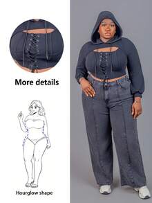 CurvyTilda Plus Lace Up Front Cutout Hoodie Winter Fall Autumn, For Hourglass Body Shape - Black - View 1