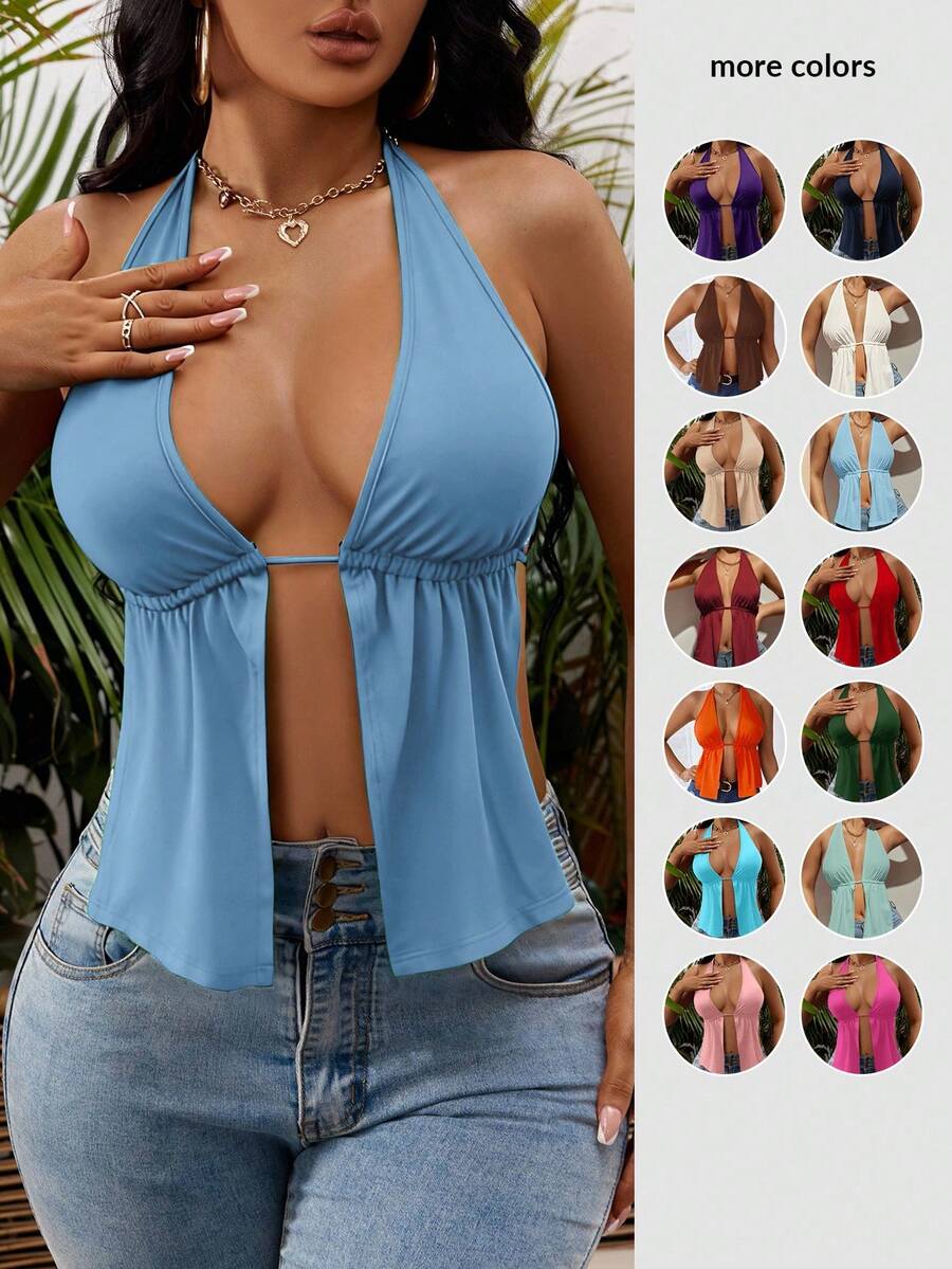SHEIN SXY 夏季前开衩、露背、系带挂脖黑色上衣 - 藍色 - 查看 1