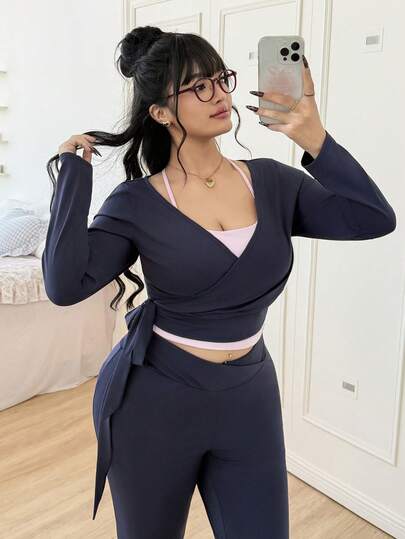 CovetEZ Plus Size Sexy Minimalist Yoga Set. Yoga Long Sleeve Jacket, Spaghetti Strap Camisole, Yoga Pants With Criss-Cross Waistband Long Sleeve Two Piece Set 2 Piece Casual Sets Woman Comfortable Two Piece Set