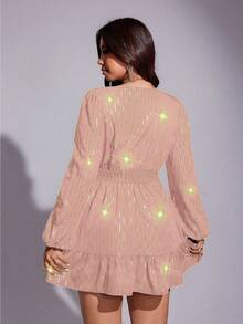 Viva Relle Vestido de línea A de manga larga con cuello plisado para mujer de talla grande, de tela brillante, elegante para ir al trabajo, fiestas, banquetes, versátil y con estilo urbano de moda, apto para otoño/invierno/primavera - Rosa - Ver 3
