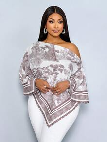 SOLERSUN 女士加大码休闲优雅杏色印花不对称领长袖不对称下摆衬衫斜肩开衩袖宽松时尚衬衫复古日落假日印花蝙蝠袖上衣新款上市百搭日常通勤、外出、静谧奢华度假、女士休闲衬衫、假日服装 - 棕色 - 查看 7