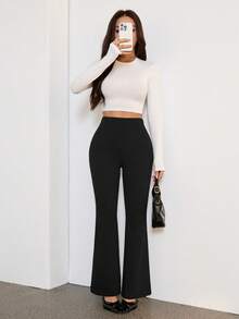 SHEIN PETITE Quần ống loe có khóa kéo dành cho nữ mùa thu/đông, thích hợp đi học, kiểu dáng kín đáo, cổ điển, dành cho giáo viên, sân bay, trang trọng, thanh lịch, mùa hè, mùa xuân, đám cưới, phong cách cổ điển, công sở. - màu đen - Xem 6