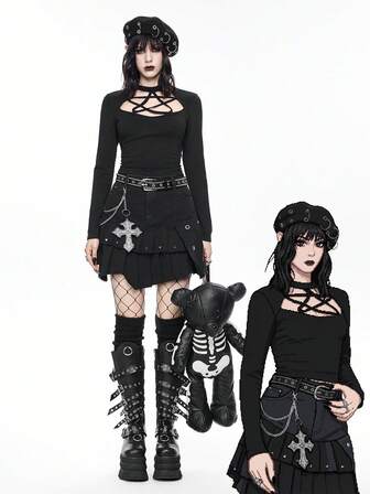 Goth Maglietta a maniche lunghe da donna con colletto alto, slim fit, con stampa gotica a pentagramma