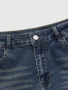 ROMWE MEN Men's Casual Everyday Washed Frayed Hem Layered Slant Pocket Flare Leg Jeans Spring/Summer - Dark Wash - View 3