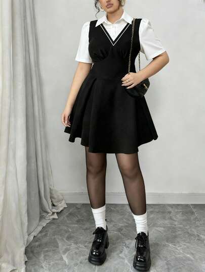 Elenzga 大码女式法式休闲优雅拼接短袖衬衫领连衣裙