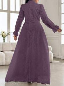 Modelyn Plus Size Women French Style Mandarin Collar Embroidered Puff Sleeve Dress Fall - Purple - View 2