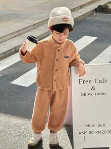 SHEIN 2pcs Boys Casual Fleece Long Sleeve Jacket And Pants Set - Khaki - View 3