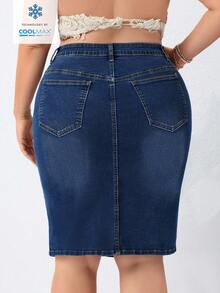EMERY ROSE Plus Size Women's Vintage Washed Denim Mini Skirt, Spring/Summer - Dark Wash - View 2