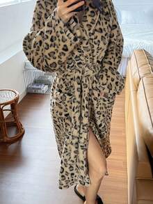 DAZY Women's Leopard Print Flannel Robe, Mid-Length With Lapel, Winter - Brown - View 4