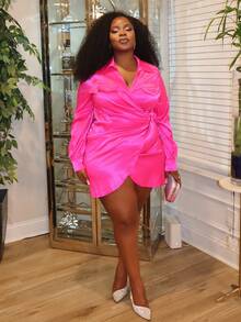 Hourglow Ceceforeign_ Women's Plus Size Wrapped Knot Design Dress, For Hourglass Body Shape - Hot Pink - View 4