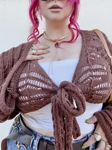 Hourglow Cárdigan de ganchillo con apertura y nudo delantero, de talla grande, para la playa y el verano, para el colegio y el invierno - Café integral - Ver 8