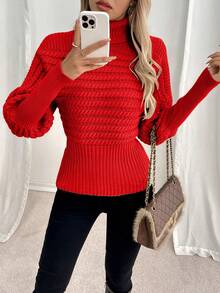 EMERY ROSE Turtleneck Cable Knit Loose Chic Oversized Slim Fit Pullover Sweater - Red - View 5