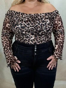 Hourglow Dollyholly86 Plus Size Autumn And Winter Women's Sexy Leopard Print Asymmetric One-Shoulder Long-Sleeved Bodysuit,Thanksgiving, New Year, Outing, Cocktail Dress, Music, Birthday Dress, Party, Off Shoulder, Asymmetric,Birthday, Family Gathering, Fall And Winter,Valentine's Day, For Hourglass Body Shape