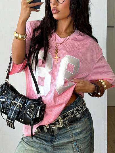 Coolane Women's & Men's Spring/Summer Festival Vintage Streetwear Sportswear Number Printed Patched Oversized Baseball Pink Jersey T-Shirt