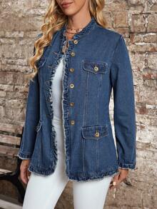 EMERY ROSE 女士立领荷叶边单排扣长袖牛仔外套，时尚百搭，适合旅行；蓝色牛仔外套；女士荷叶边牛仔外套；女士流苏牛仔外套 - 藍色 - 查看 3