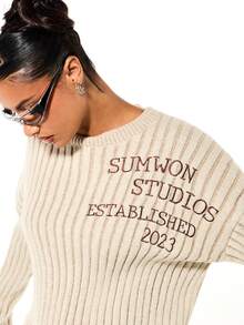 SUMWON WOMEN Oversized Ribbed Knit Sweater With Text Graphics And Long Sleeves For Casual Winter Layering - Khaki - View 4