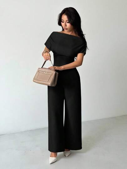 SHEIN PETITE Women's Summer New Arrival Simple Elegant Daily Casual Linen Commuter Wide Collar Off Shoulder Blouse And Wide Leg Pants Suit Off Shoulder Jumpsuit Wide Leg Jumpsuit
