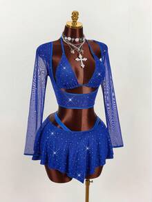 Amplova 两件套：亮片装饰性感紧身长袖露脐上衣和紧身倒V领迷你裙 - 寶藍色 - 查看 7