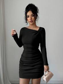 Selianne Women's Solid Color Oblique Shoulder Long Sleeve Fitted Ribbed Dress - Black - View 5