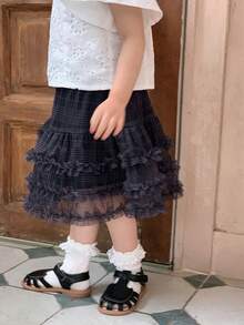DAZY Baby Girl Plaid Patchwork Ruffle Hem Mesh Skirt - Blue - View 6