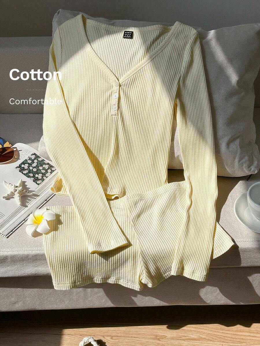 SHEIN EZwear 女式奶油色休闲长袖上衣和短裤两件套，适合夏季度假、沙滩装、家居服、春假 - 黃色 - 查看 1