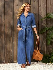 EMERY ROSE Women's Cuffed Long Sleeve Pocket Casual Wide Leg Denim Jumpsuit - Medium Wash - View 6