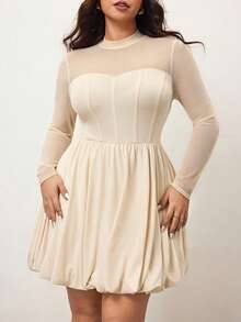 Hourglow Plus Size Women's Solid Color Round Neck Long Sleeve Mesh Fashion Dress/Autumn /Winter - Apricot - View 2