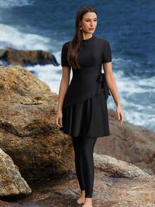 Swim Mulvari Women's Spring Burkini Set - Short-Sleeved Top, Double-Layer Asymmetrical Skirt With Waist Tie & Bottoms, All-Black Casual Vacation Two Pieces Swimsuit - Black - View 6