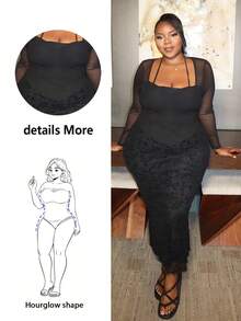 Hourglow Plus Size Women Solid Color Mesh Patchwork Long Sleeve Ruched Fitted Halter Top/Autumn /Winter - Black - View 7