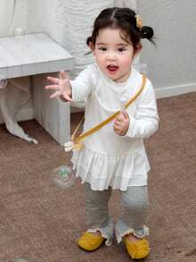 DAZY 2件套女童纯色休闲蕾丝吊带背心和纯色外套T恤套装 - 白色 - 查看 4