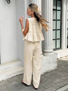 Serisse 女士休闲条纹吊带背心和裤子两件套，夏季 - 杏色 - 查看 2