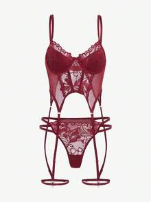 SHEIN Women's Floral Lace Patchwork Sexy Lingerie Set - Burgundy - View 3
