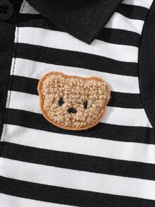 SHEIN 2pcs/Set Baby Boys Casual Fashion Simple Letter Patched Detail Practical Striped Trim Ribbed Sleeveless Polo Collar Gray Knit Tank Top & Knit Shorts Set, Suitable For Summer Home Casual, Outdoor Sports And Daily Wear,Kid Clothes,Toddler Clothes, Baby Outfit, Infant Baby Boys Outfits, Baby Polo Shirt,Toddler Vest,Toddler Short ,Baby Set,3M-3T - Black and White - View 5