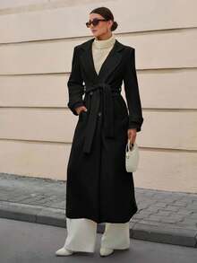 EURMUSE Lapel Collar Double-Breasted Belt Extra Long Overcoat - Black - View 4