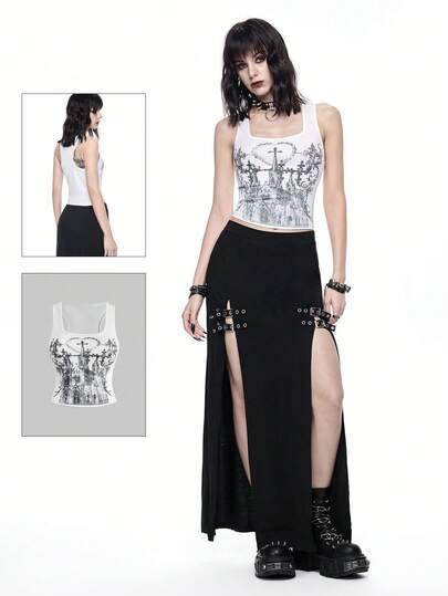 Goth Camiseta de tirantes con estampado vintage desgastado de castillo gótico oscuro