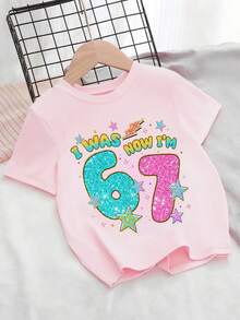 SHEIN 1件女童休闲时尚创意独特清新简约数字67粉色星星字母标语印花舒适基础款短款T恤，温暖舒适的夏秋季款式，适合女孩穿着 - 粉色 - 查看 2