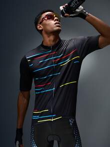 Manfinity Sport Polished Men's Colorful Striped Print Zipper Short Sleeve Cycling Jersey, Summer - Black - View 1