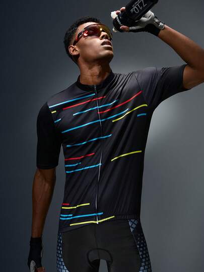 Manfinity Sport Polished Men's Colorful Striped Print Zipper Short Sleeve Cycling Jersey, Summer Compression Shirt Men