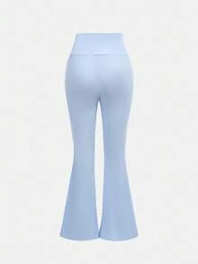 SHEIN 少女休闲蓝色褶皱长袖修身针织上衣和喇叭裤两件套，居家户外旅行装机场装 - 淺藍色 - 查看 9