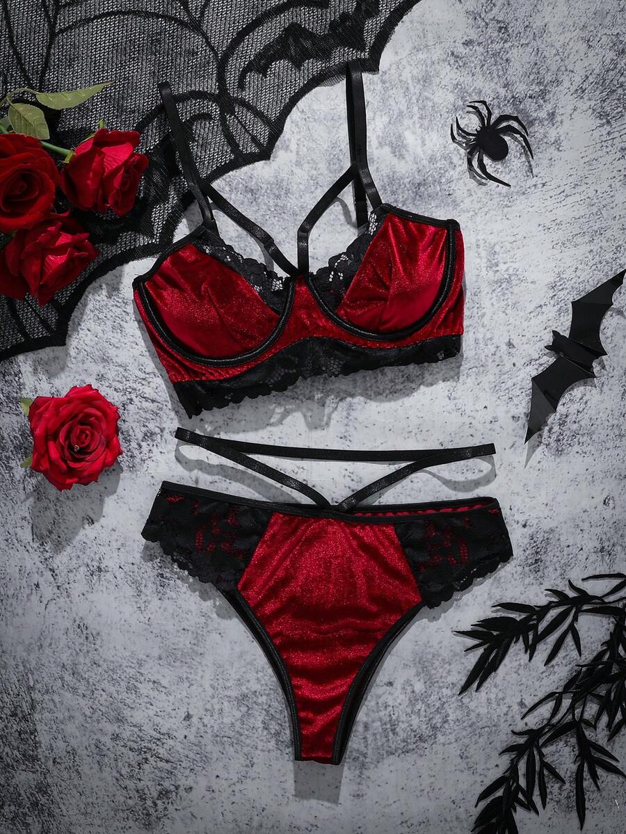 SHEIN 2pcs/Set Lace Patchwork Women's Underwire Bra Set - Multicolor - View 1