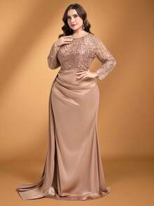 Coutiva 大码优雅秋冬圆领长袖刺绣亮片珍珠水钻装饰下摆拼接缎面鱼尾礼服，优雅派对鸡尾酒晚礼服，舞会礼服，适合婚礼宾客、毕业典礼、晚宴等场合。 - 香檳色 - 查看 7