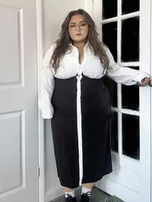Hourglow Fall Clothes For Women,WinterPlus Size Women's Color Block Long Sleeve Single-Breasted Elegant Dress - Black and White - View 3